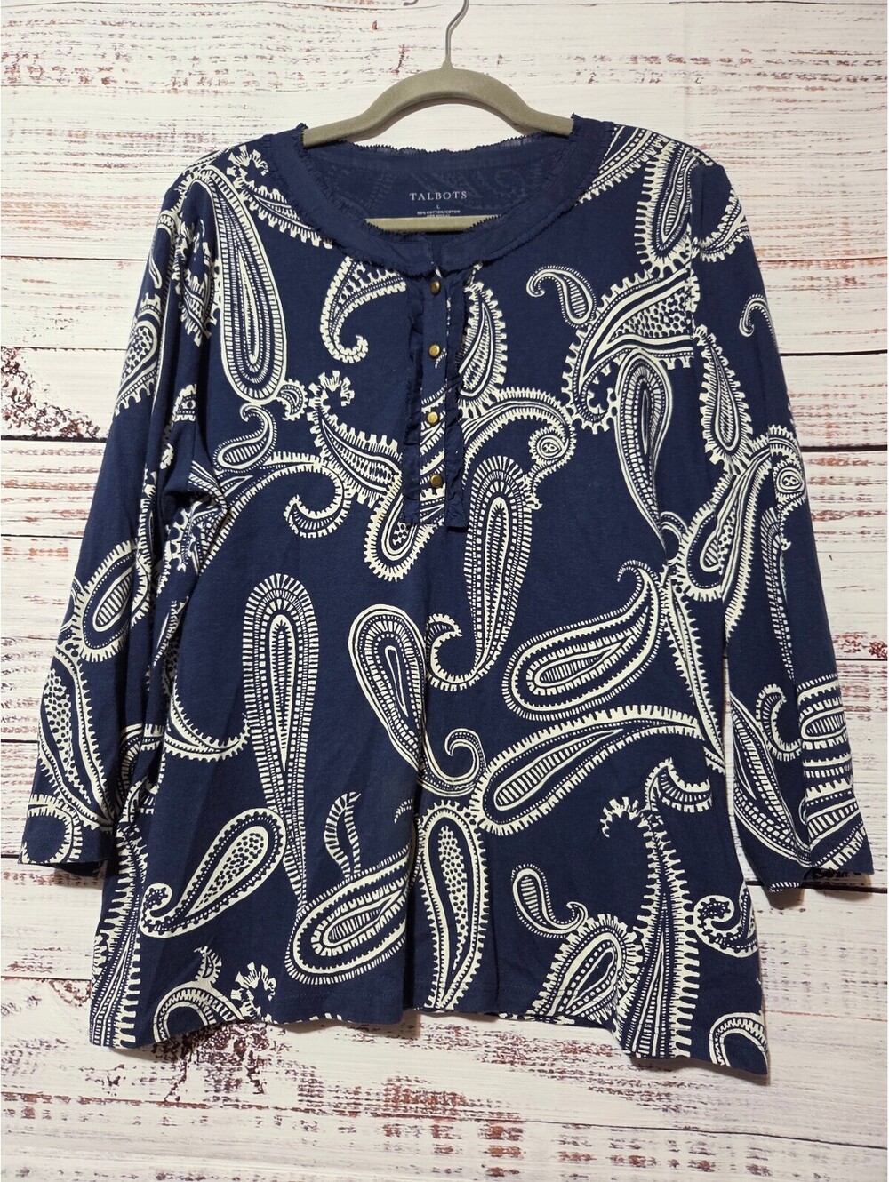Talbots Large Navy Blue Paisley Blouse Light Weight Classic Business Casual